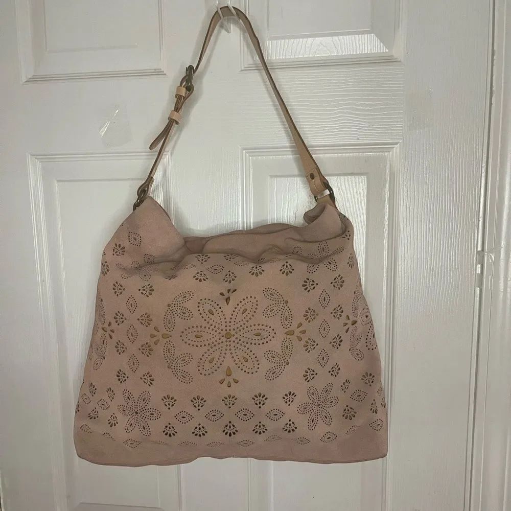 Anthropologie Miss Albright laser cut leather suede blush pink large tote bag.